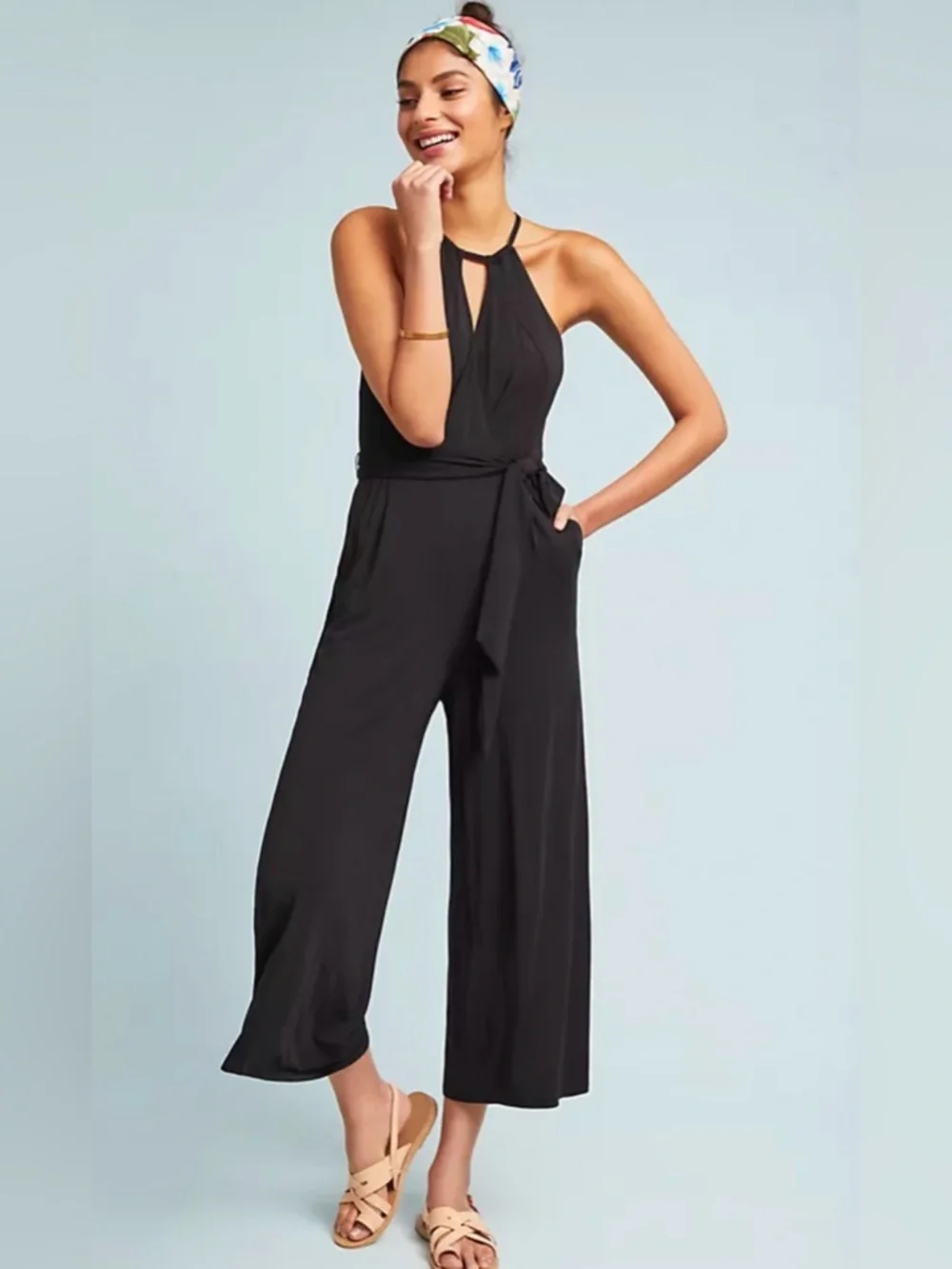 Anthropologie Maeve Corinna Black Wide Leg‎ Jersey Jumpsuit Size Medium